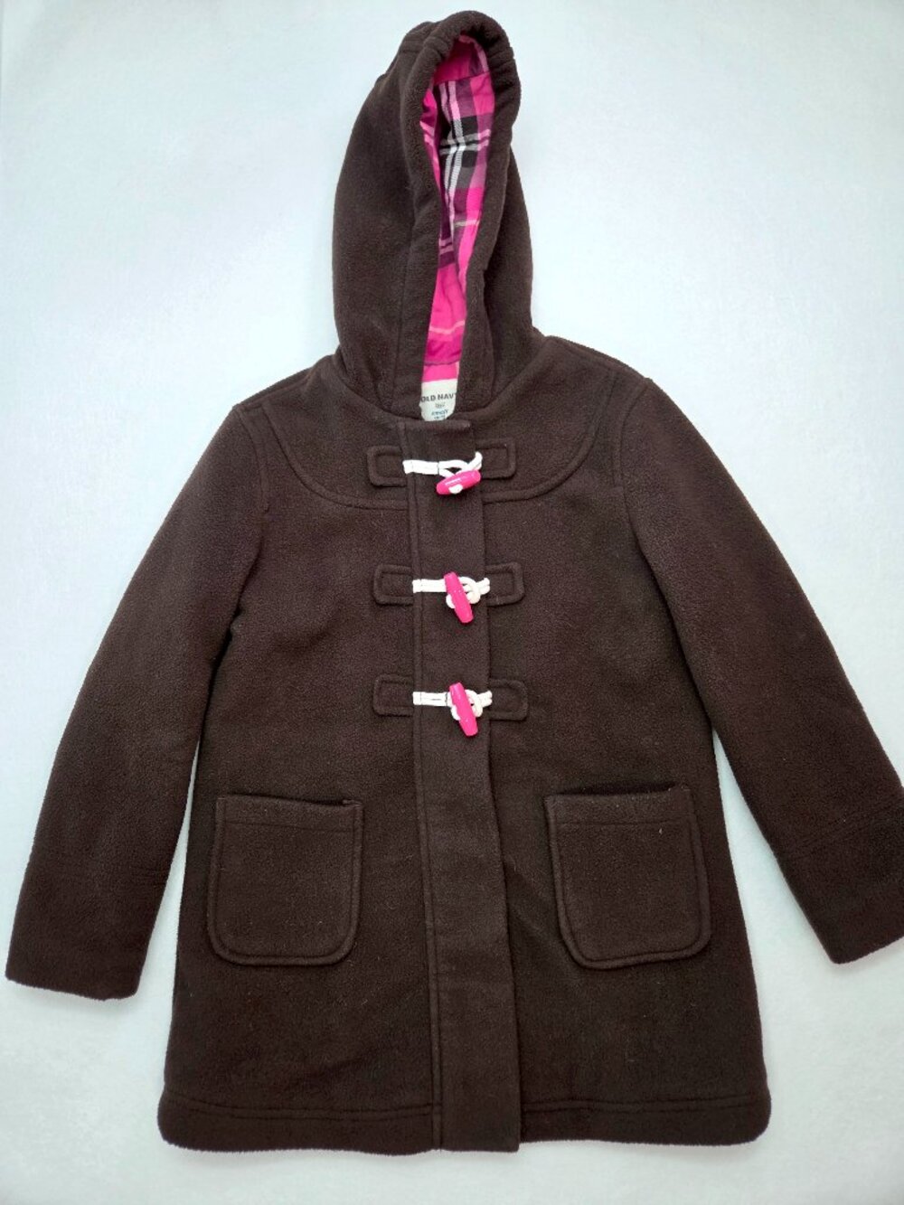 Old Navy Girls S 6-7 Brown Fleece Duffle Coat Pink Toggle Plaid Hooded